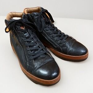 Steven Land Leather High top Sneaker Black Leather With Brown Trim Versatile EUC